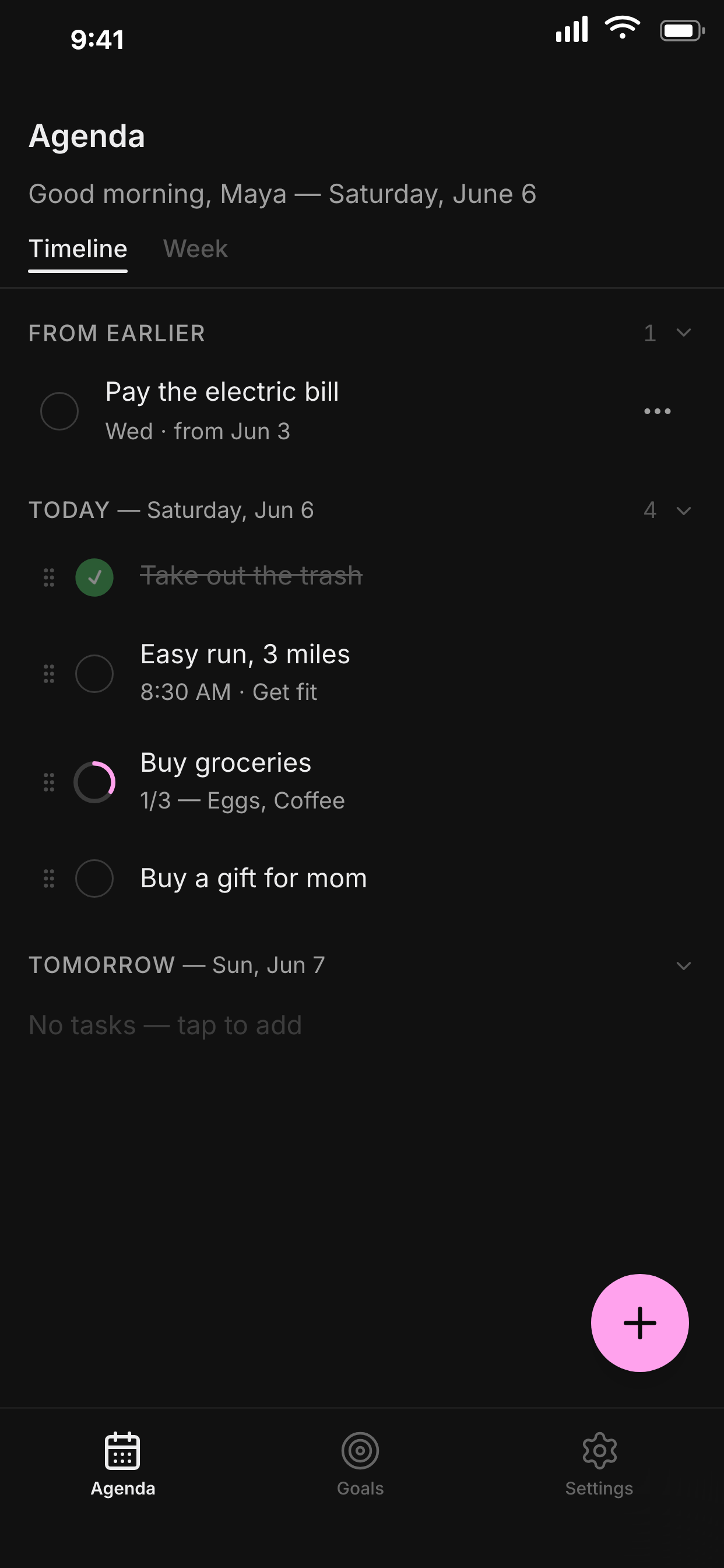 Salta agenda: chores and a goal task together, with a From earlier section