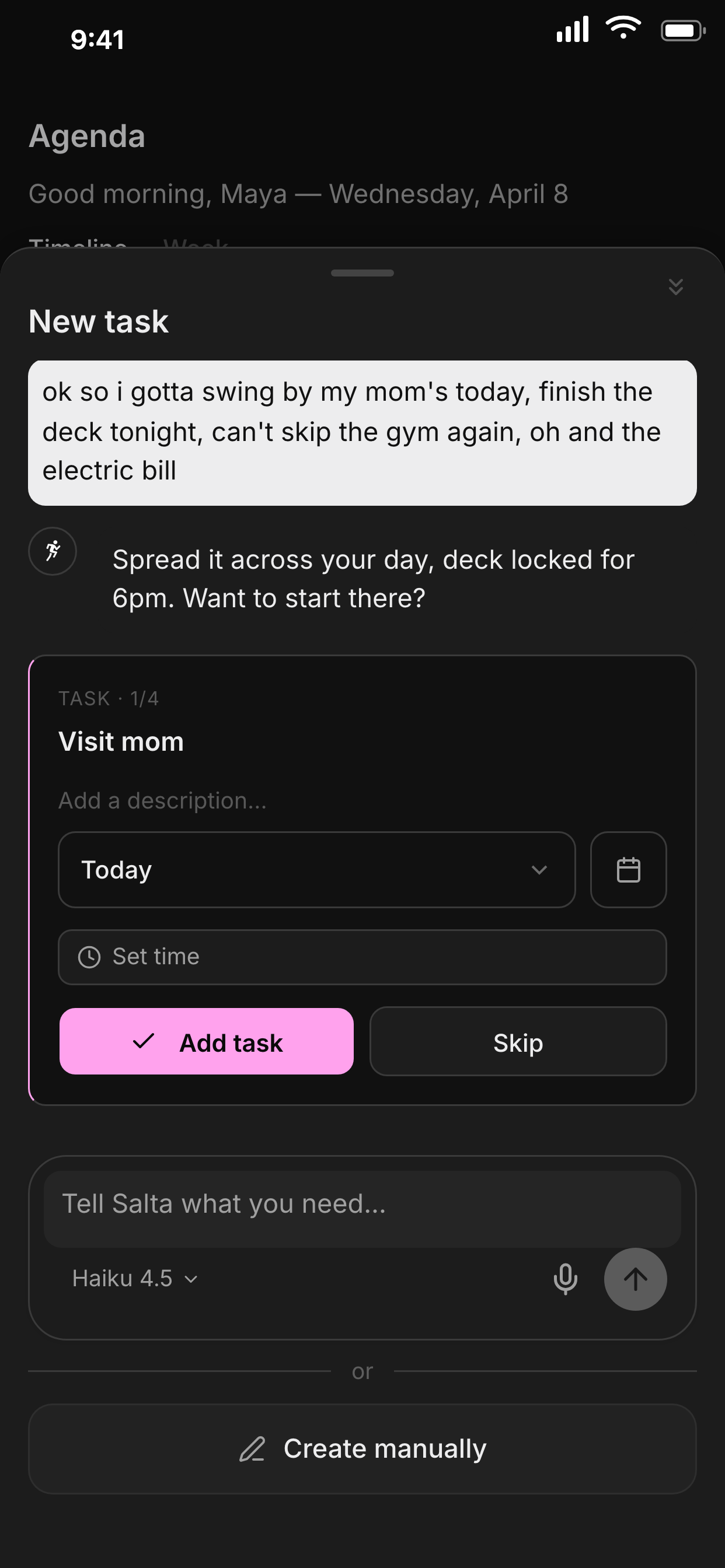Salta chat: a brain-dump turned into editable task cards you confirm