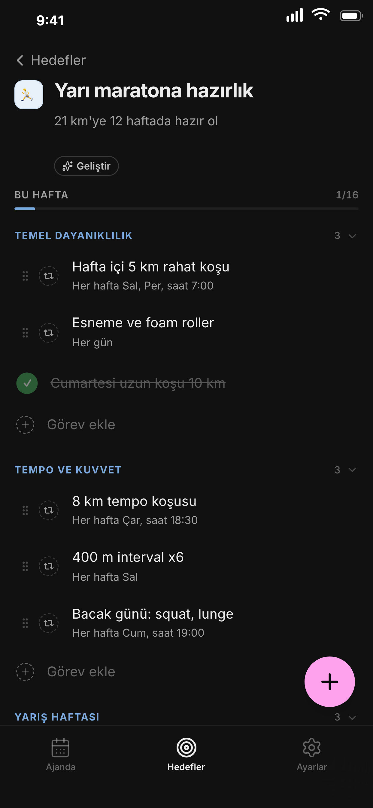 Salta hedef: yarı maraton, bölümlere ve günlük görevlere ayrılmış