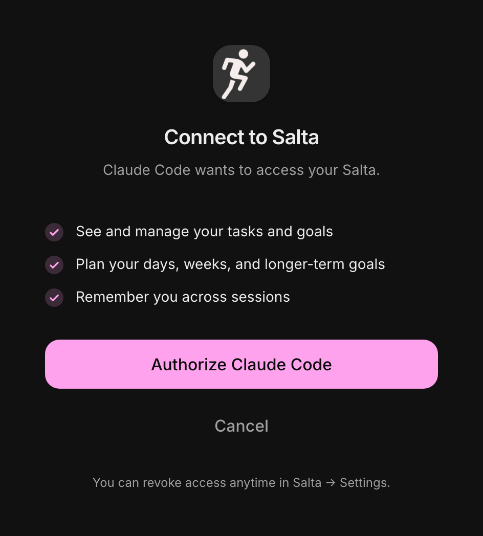 The Salta consent screen: “Claude Code wants to access your Salta” — see and manage your tasks and goals, plan your days, and remember you across sessions, with an Authorize button.