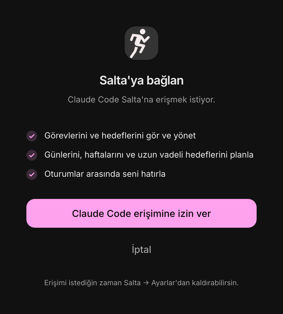 Salta onay ekranı: “Claude Code Salta'na erişmek istiyor” — görevlerini ve hedeflerini gör ve yönet, günlerini planla, seni hatırla; ve bir İzin Ver düğmesi.